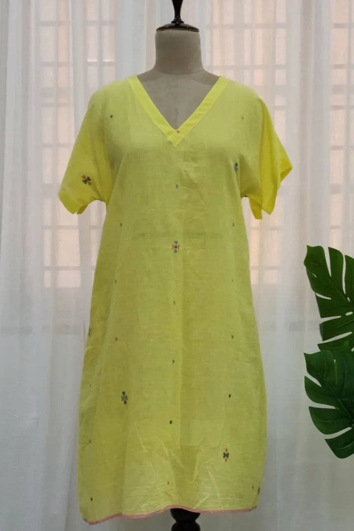 Yellow Boxy V neck jamdani dress